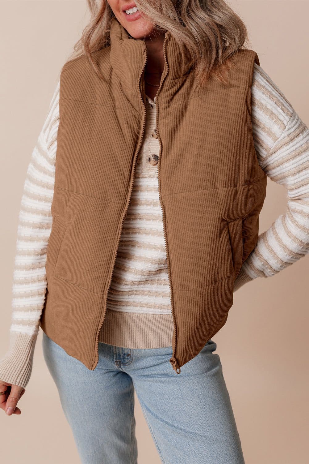 image-Beige Corduroy Puffer Vest Zip Stand Neck