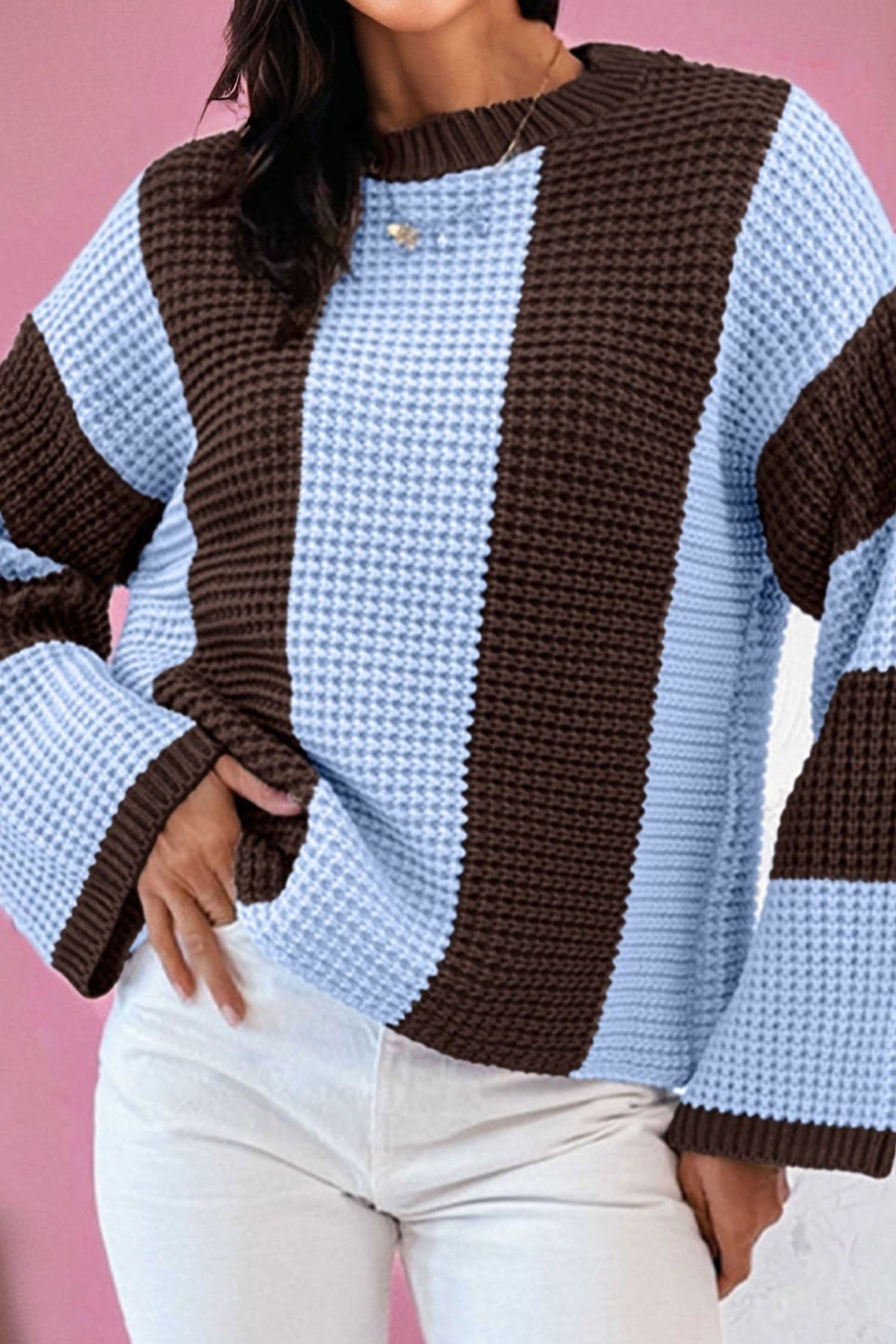 image-Fushia Striped Color Block Thermal Knit Sweater