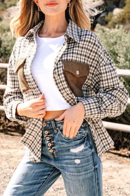 image-Corduroy Plaid Patchwork Shacket with Flap Pockets