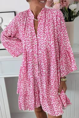 image-Leopard Print Mini Dress - Pink Long Sleeve Button Front