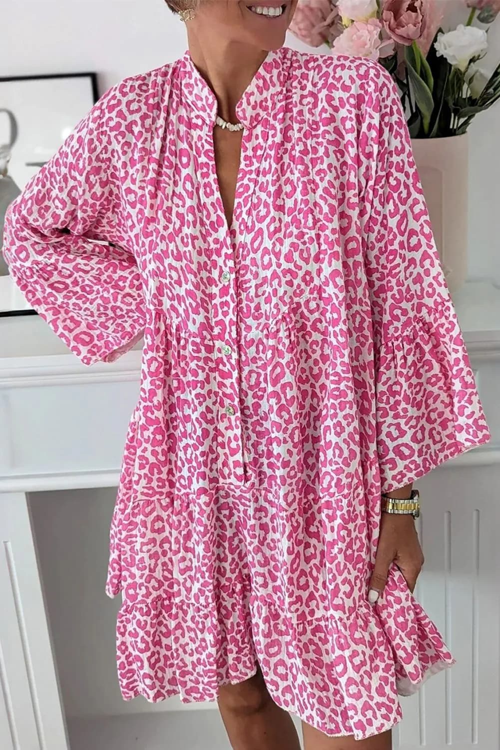 image-Leopard Print Mini Dress - Pink Long Sleeve Button Front
