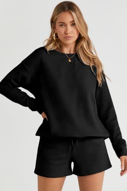 image-Textured Long Sleeve Top & Drawstring Shorts Set - Green