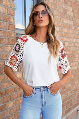 image-White Floral Crochet Top - Short Sleeve, Chic Round Neck, Relaxed Fit