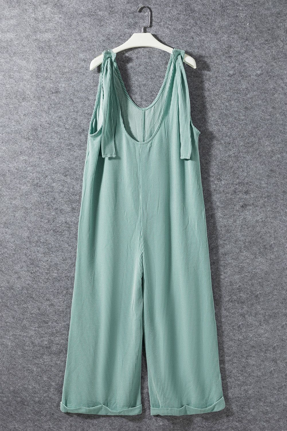 image-Moonlight Jade V Neck Wide Leg Jumpsuit - Corded Tie Straps