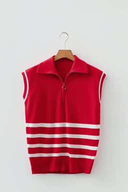 image-Fiery Red Quarter Zip Striped Detail Short Sleeve Sweater