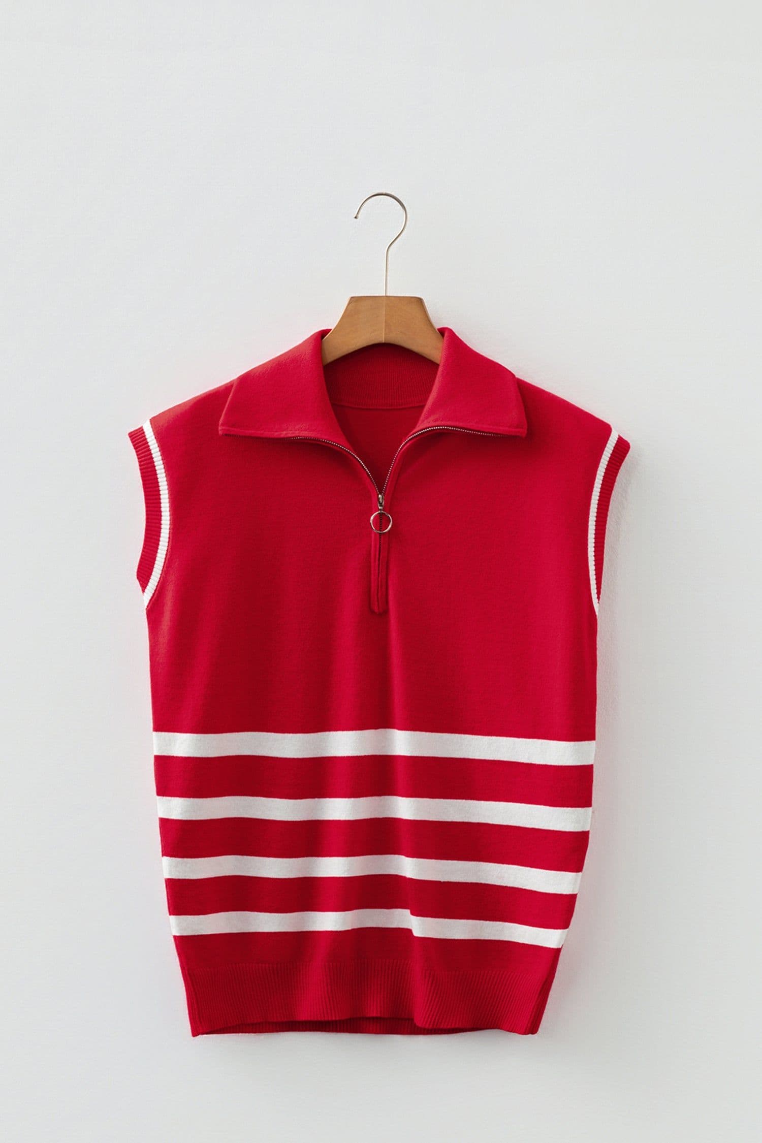 image-Fiery Red Quarter Zip Striped Detail Short Sleeve Sweater