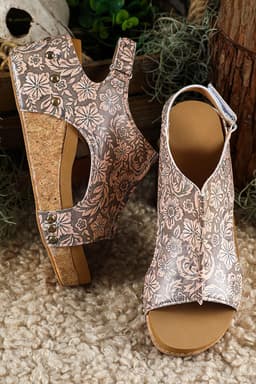 image-Vintage Floral Leather Sandals - Brown Platform Hollowed Rivets 7-11