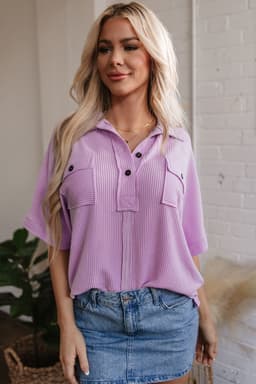 image-Orchid Bouquet Corded Flap Pocket Collared Blouse