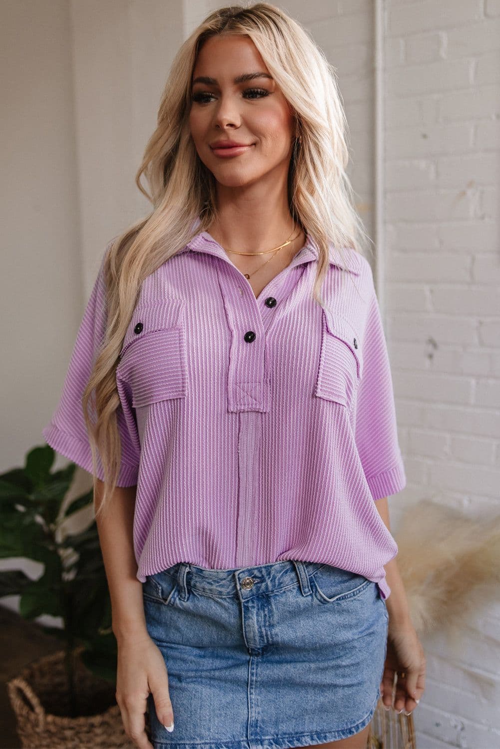 image-Orchid Bouquet Corded Flap Pocket Collared Blouse