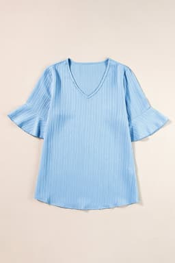 image-Peach Blossom Ruffled Half Sleeve V Neck Textured Top
