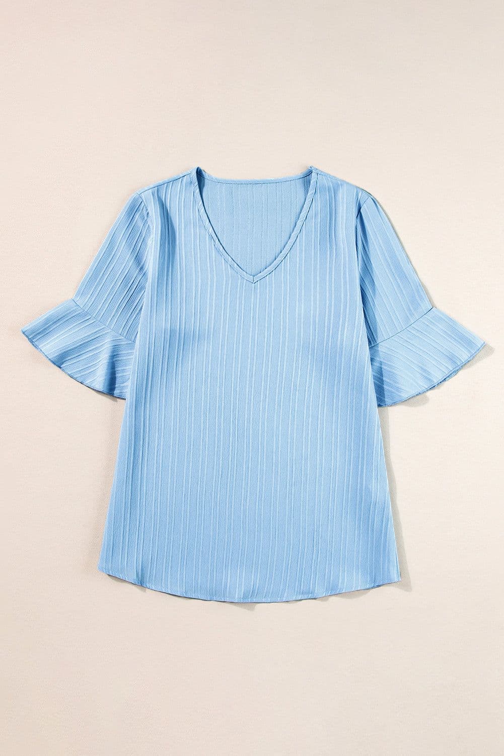 image-Peach Blossom Ruffled Half Sleeve V Neck Textured Top