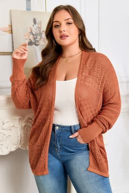 image-Redwood Plus Cardigan - Mixed Pattern Knitted - Open Front - Plus Size