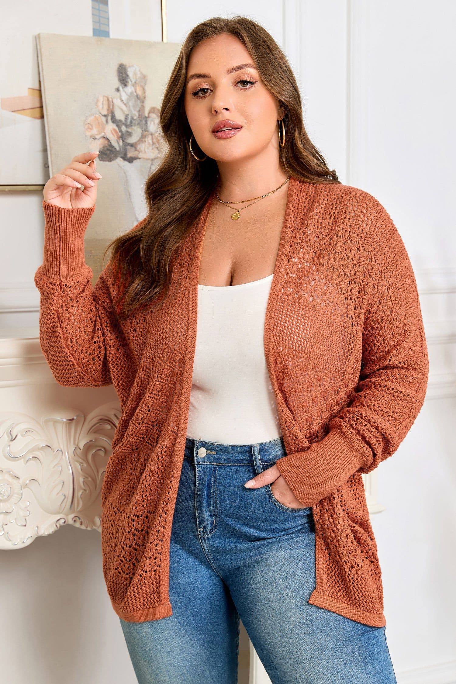 image-Redwood Plus Cardigan - Mixed Pattern Knitted - Open Front - Plus Size