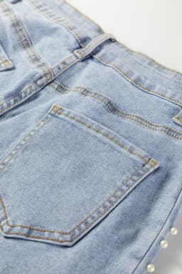 image-Beau Blue Mid Rise Pearl Embellished Split Wide Leg Jeans