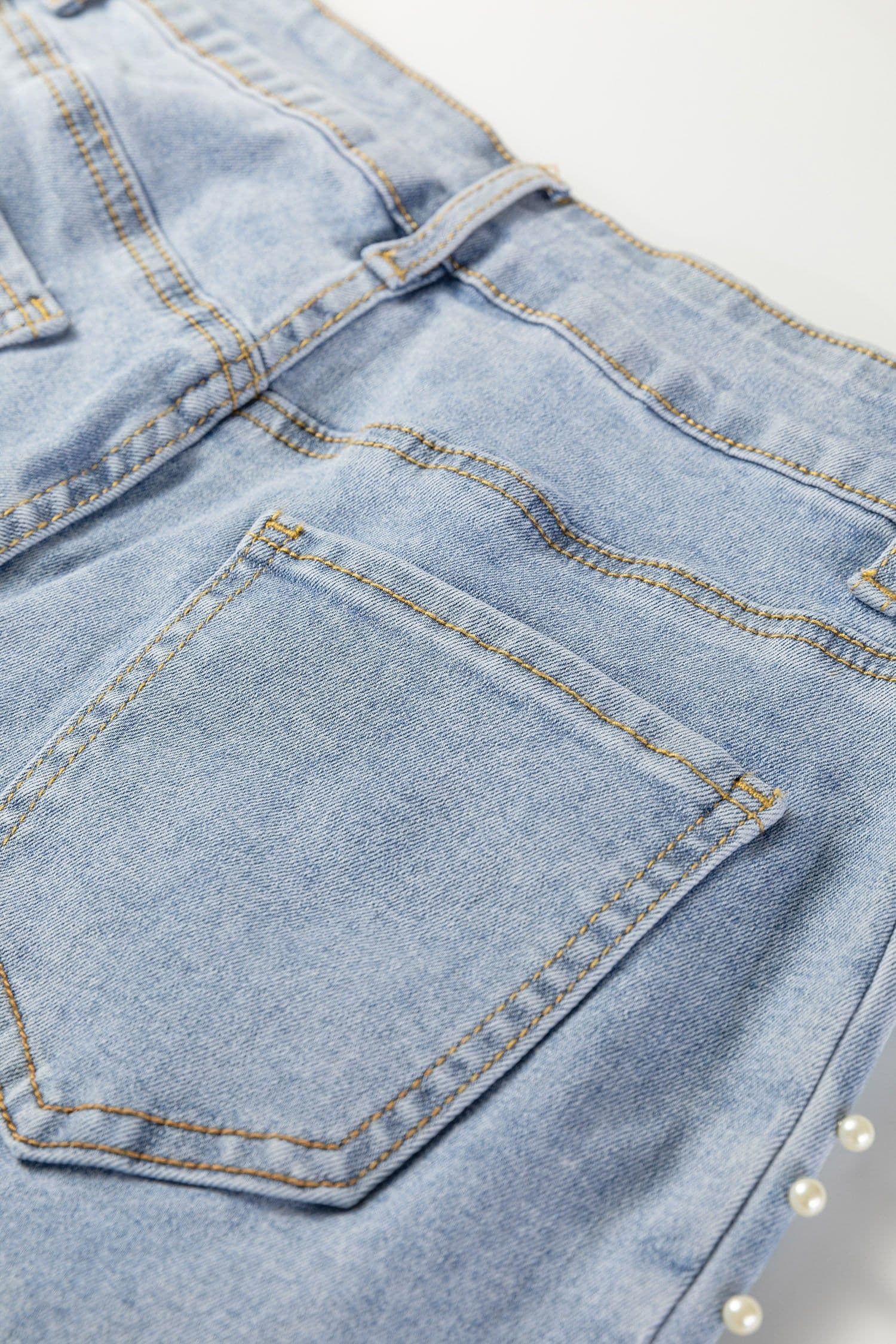 image-Beau Blue Mid Rise Pearl Embellished Split Wide Leg Jeans