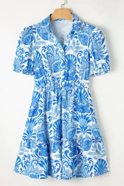 image-Sky Blue Retro Floral Print Drawstring Mini Dress