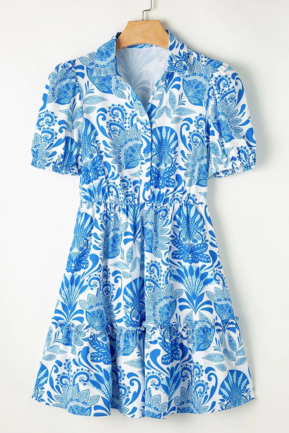 image-Sky Blue Retro Floral Print Drawstring Mini Dress