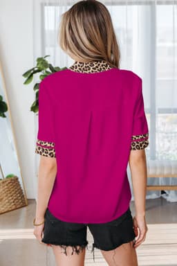 image-Violet Leopard Patchwork Split Neck Blouse