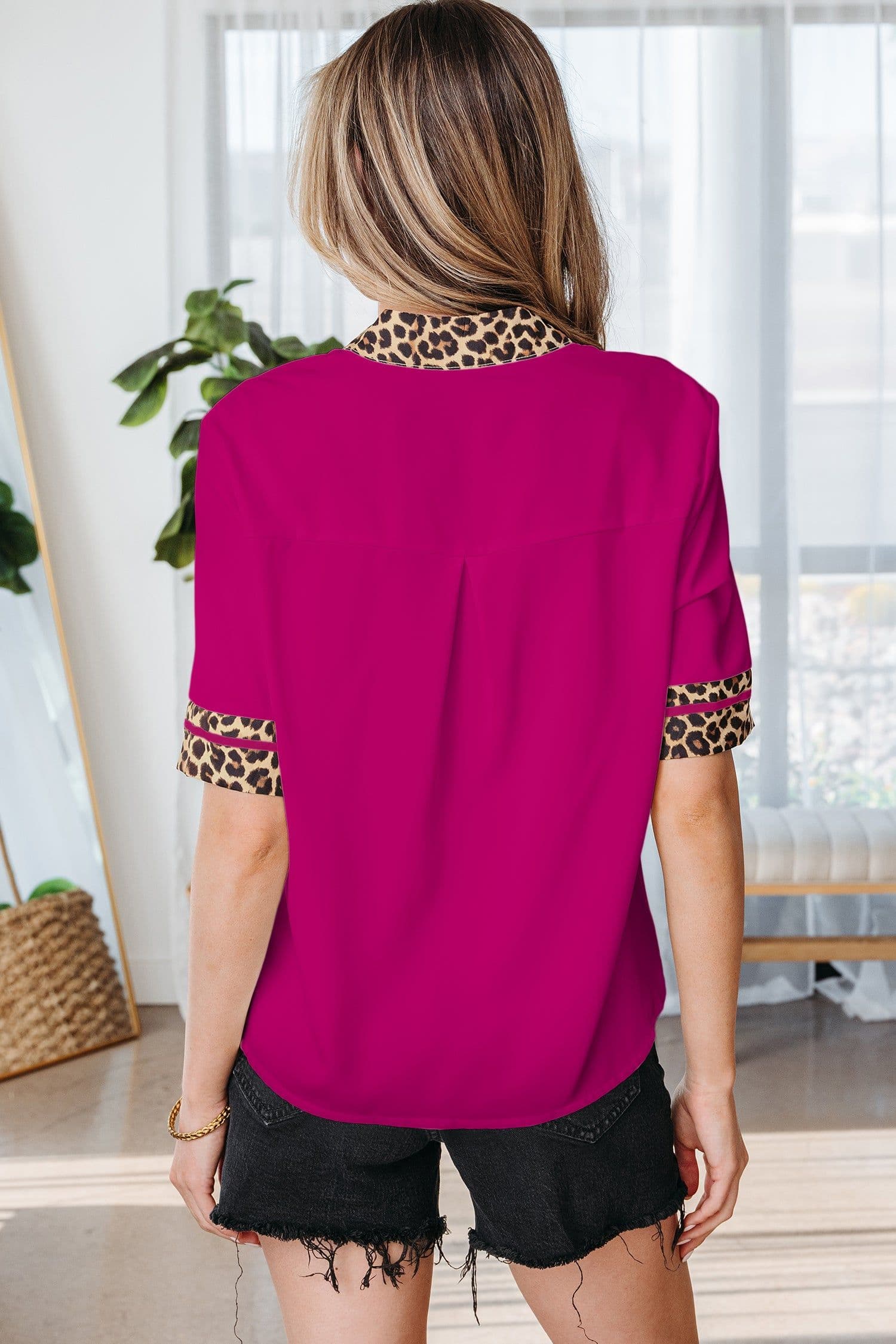 image-Violet Leopard Patchwork Split Neck Blouse