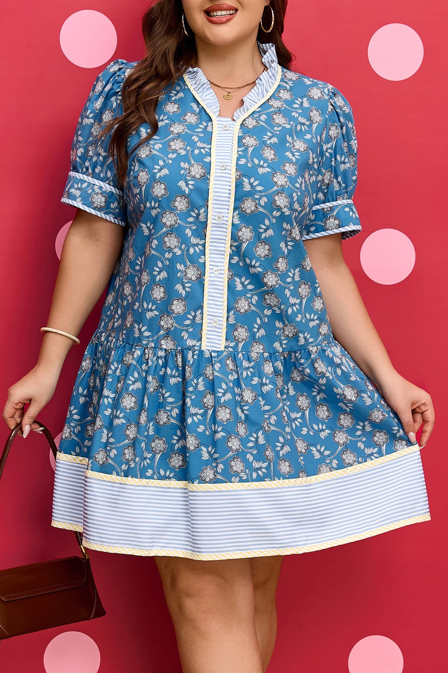 image-Blue Plus Size Floral Print Striped Patchwork Detail Button Front Ruffle Hem Dress