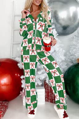 image-Green Holly Jolly Checkered Pattern 2pcs Long Pajama Set