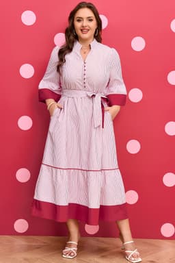image-Red Stripe Plus Size Ruffled Hem Midi Dress