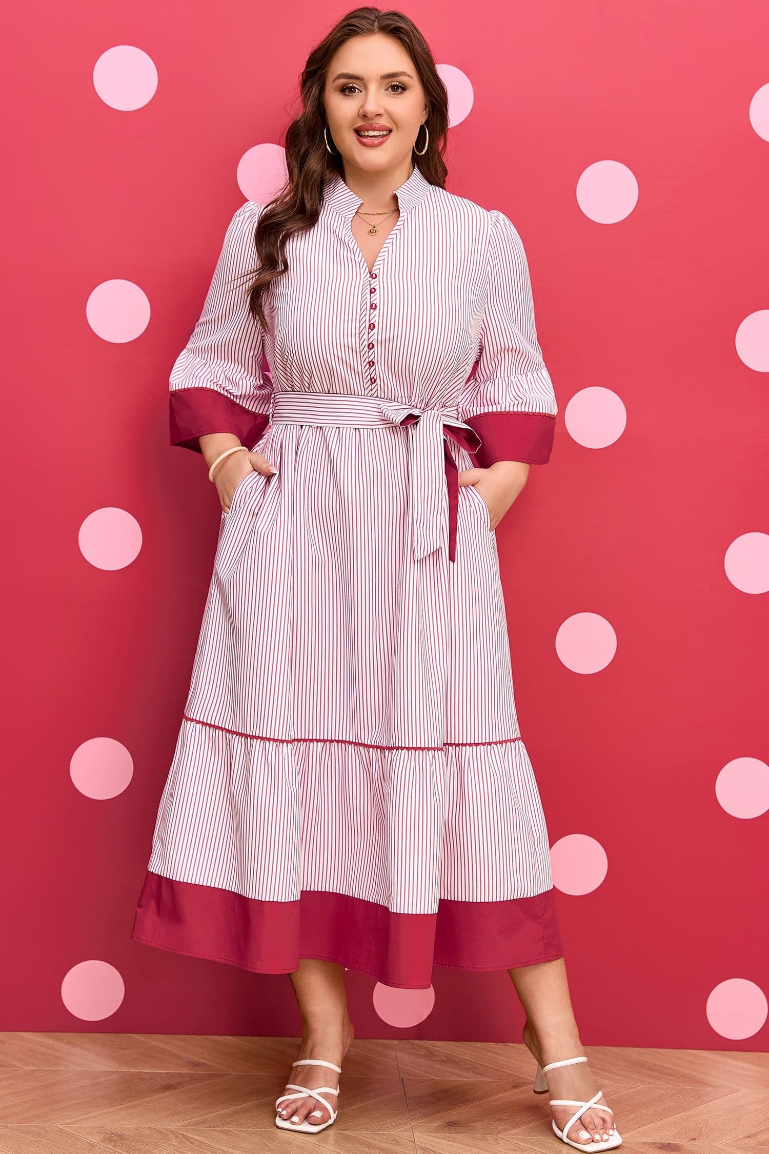 image-Red Stripe Plus Size Ruffled Hem Midi Dress