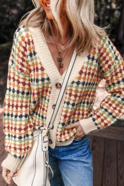 image-Multicolour Dotty Knit Cardigan - Button Front V Neck