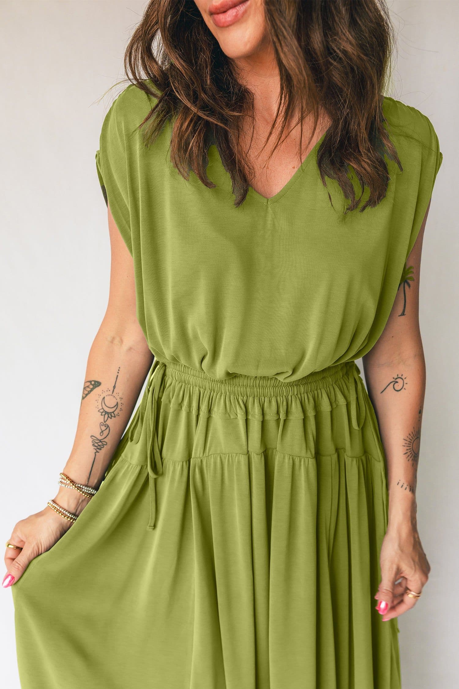 image-Fern Green V Neck Cap Sleeve Maxi Dress