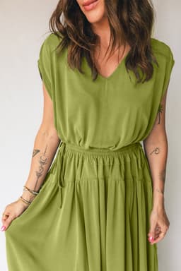 image-Fern Green Solid V Neck Cap Sleeve Tunic Elastic Waist Versatile Maxi Dress