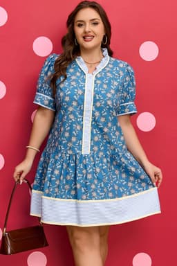 image-Blue Plus Size Floral Print Striped Patchwork Detail Button Front Ruffle Hem Dress