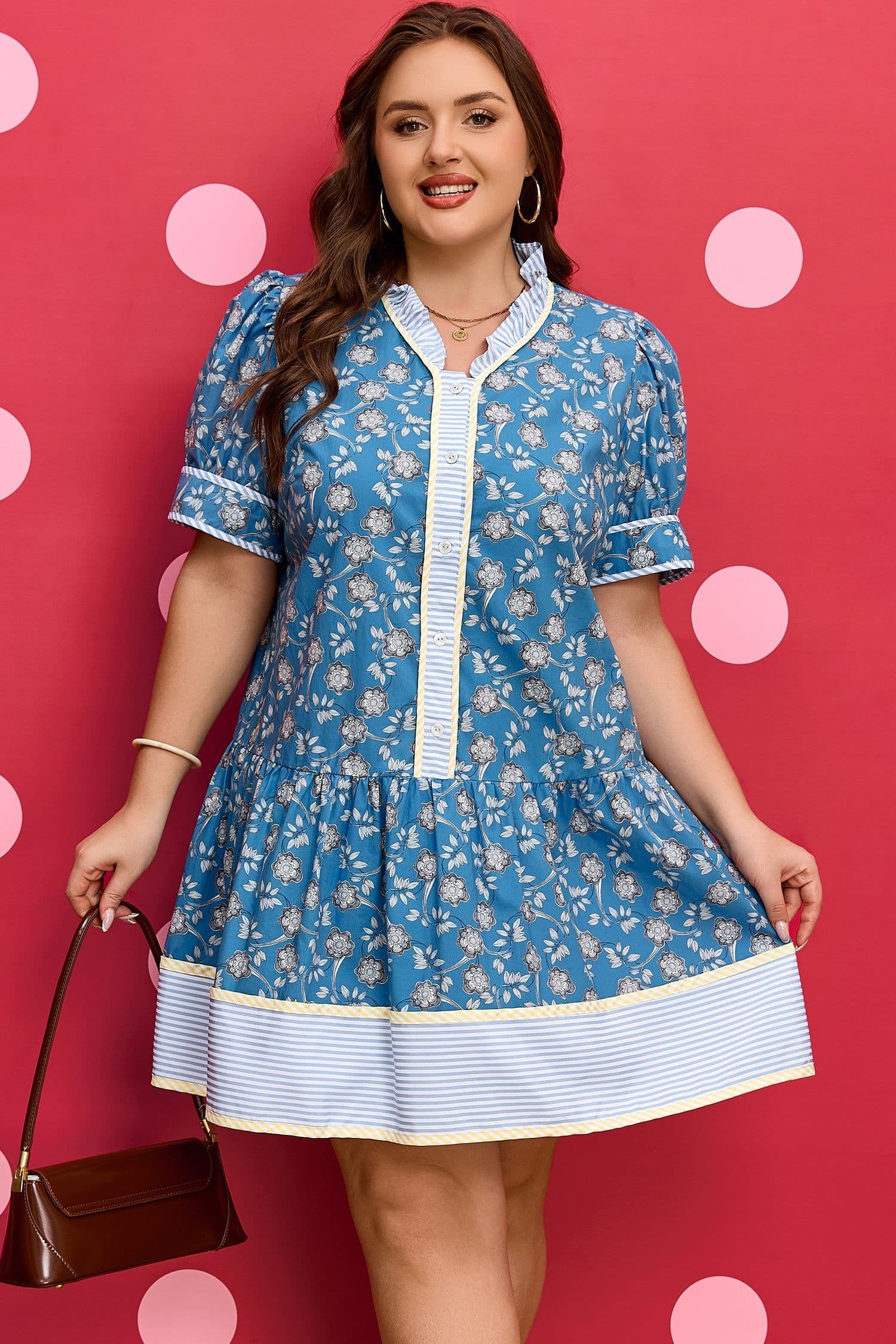 image-Blue Plus Size Floral Print Striped Patchwork Detail Button Front Ruffle Hem Dress