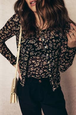 image-Black Floral Print Mesh Tank Button Front Slim Cardigan 2pcs Set