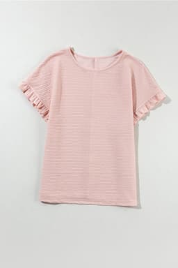 image-Light Pink Ruffled Short Sleeve Blouse - Solid Texture Elegant Design