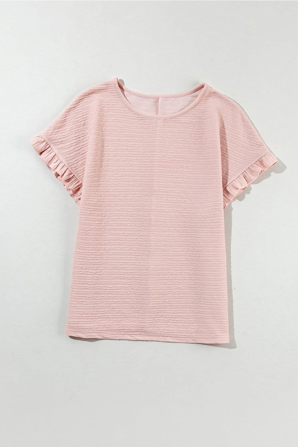 image-Light Pink Ruffled Short Sleeve Blouse - Solid Texture Elegant Design