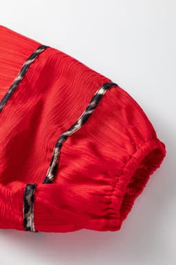 image-Fiery Red Textured V Neck Leopard Trim Shift Mini Dress
