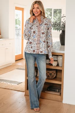image-Brown Plaid Frilled Trim V Neck Floral Long Sleeve Blouse