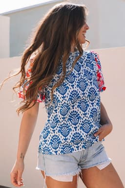 image-Blue Floral Western Print Blouse with Puff Sleeves - Chic Frilled Neck