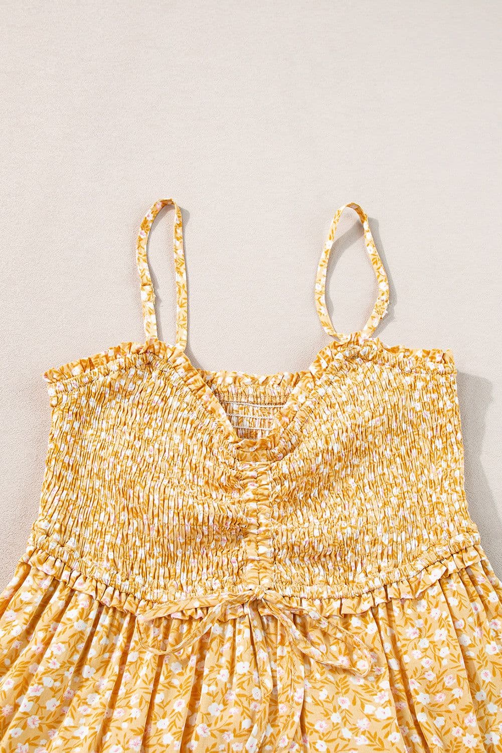image-Yellow Frilly Smocked High Waist Floral Maxi Dress