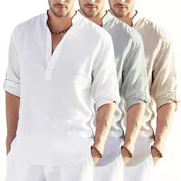image-Men's Casual Cotton Linen Solid Color Long Sleeve Shirt Loose Stand Collar
