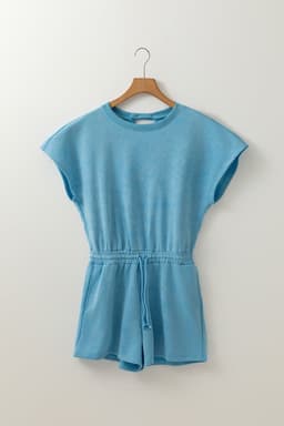 image-Sea Green Mineral Wash Drawstring Elastic Waistband Hollow Out Back Short Sleeve Romper