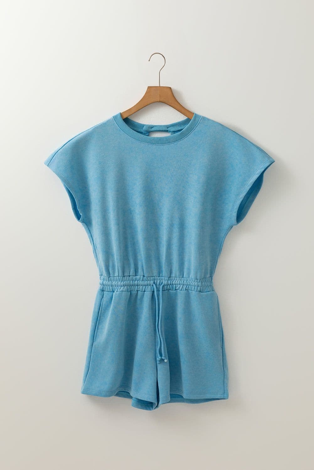 image-Sea Green Mineral Wash Drawstring Elastic Waistband Hollow Out Back Short Sleeve Romper