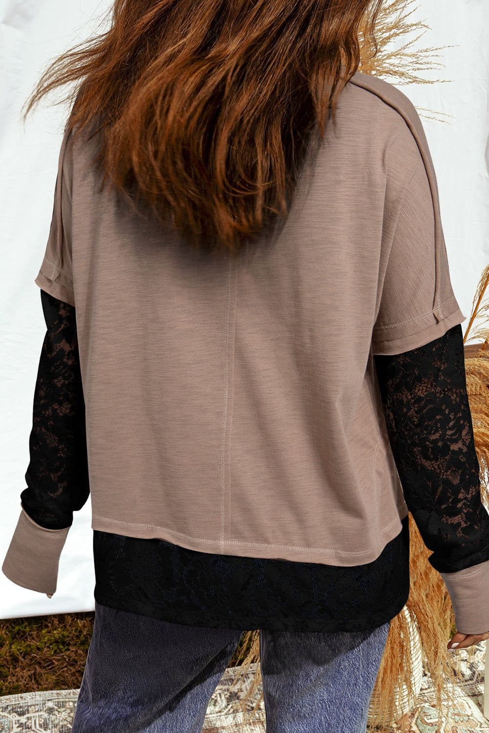 image-Light French Beige Sheer Lace Long Sleeve Tee