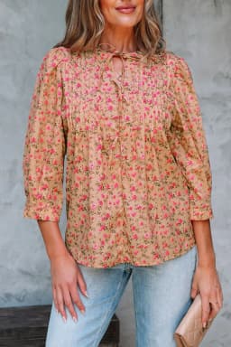 image-Light French Beige Floral Blouse - Bow Pintuck