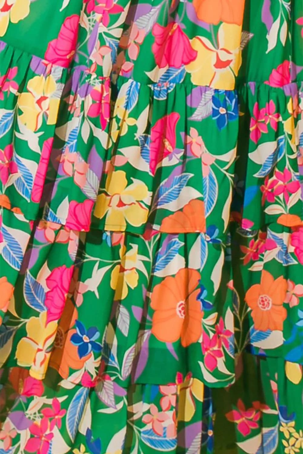 image-Green Floral Print Sleeveless Ruffle Tiered Maxi Dress