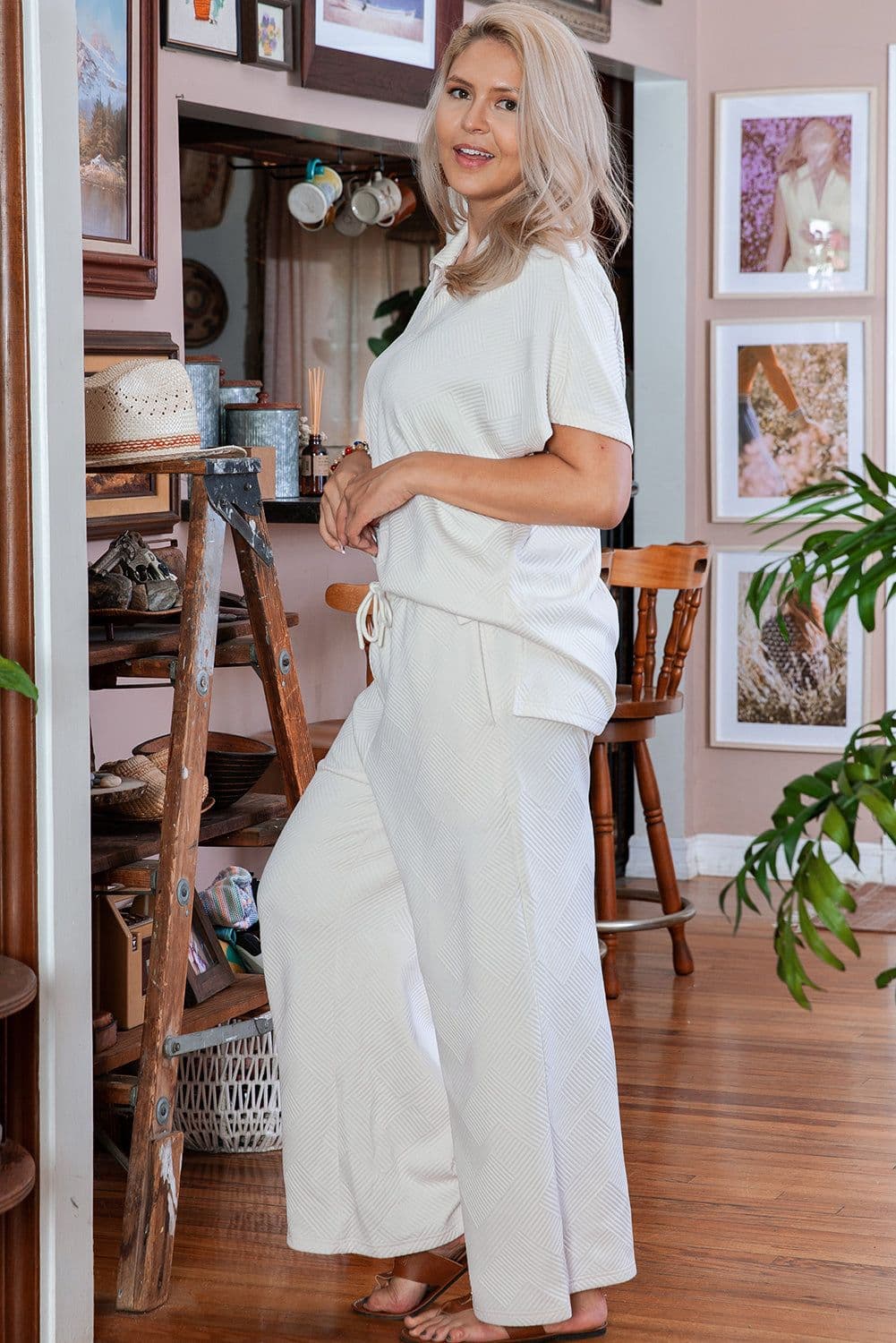 image-Beige Plus Size Textured Collared Top and Pants Set