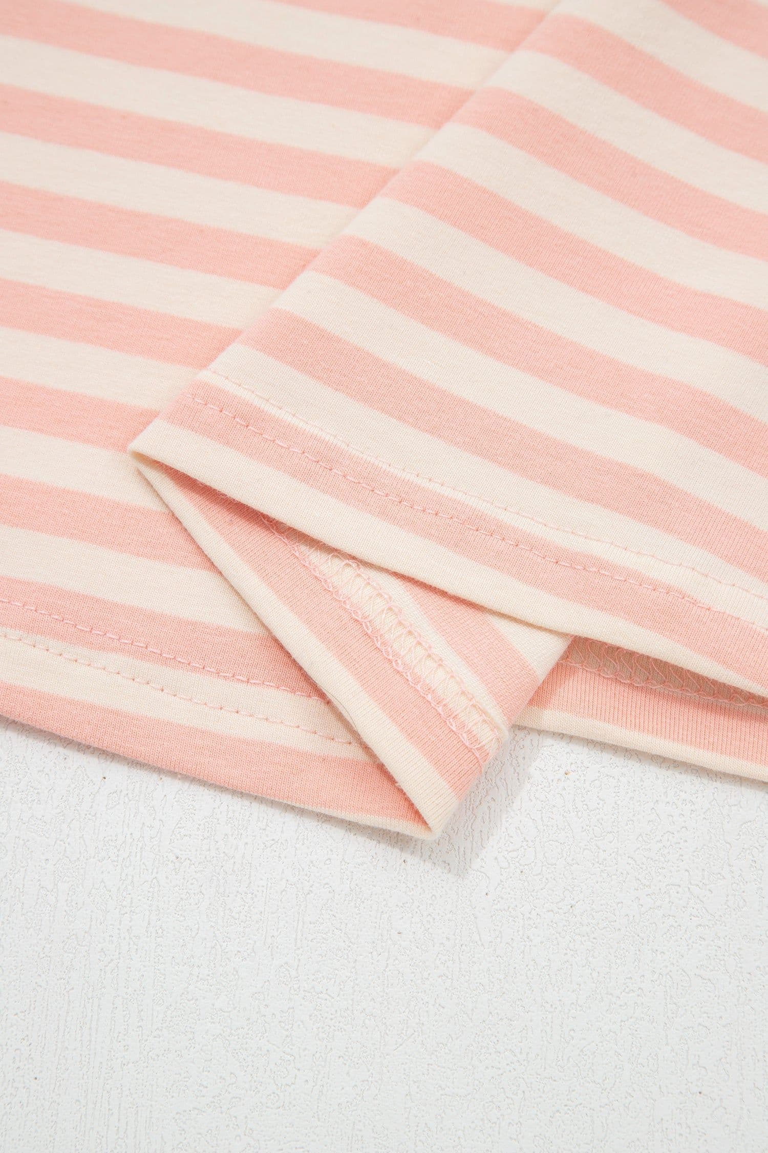 image-Pink Stripe Contrast Neck Loose Tee and Drawstring Shorts Set