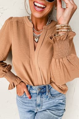 image-Rose Red Shirred Cuff V Neck Blouse - Elegant Notch Design (62 characters)