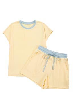 image-Aqua Soft Ribbed Color Block Trim Casual Shorts Set