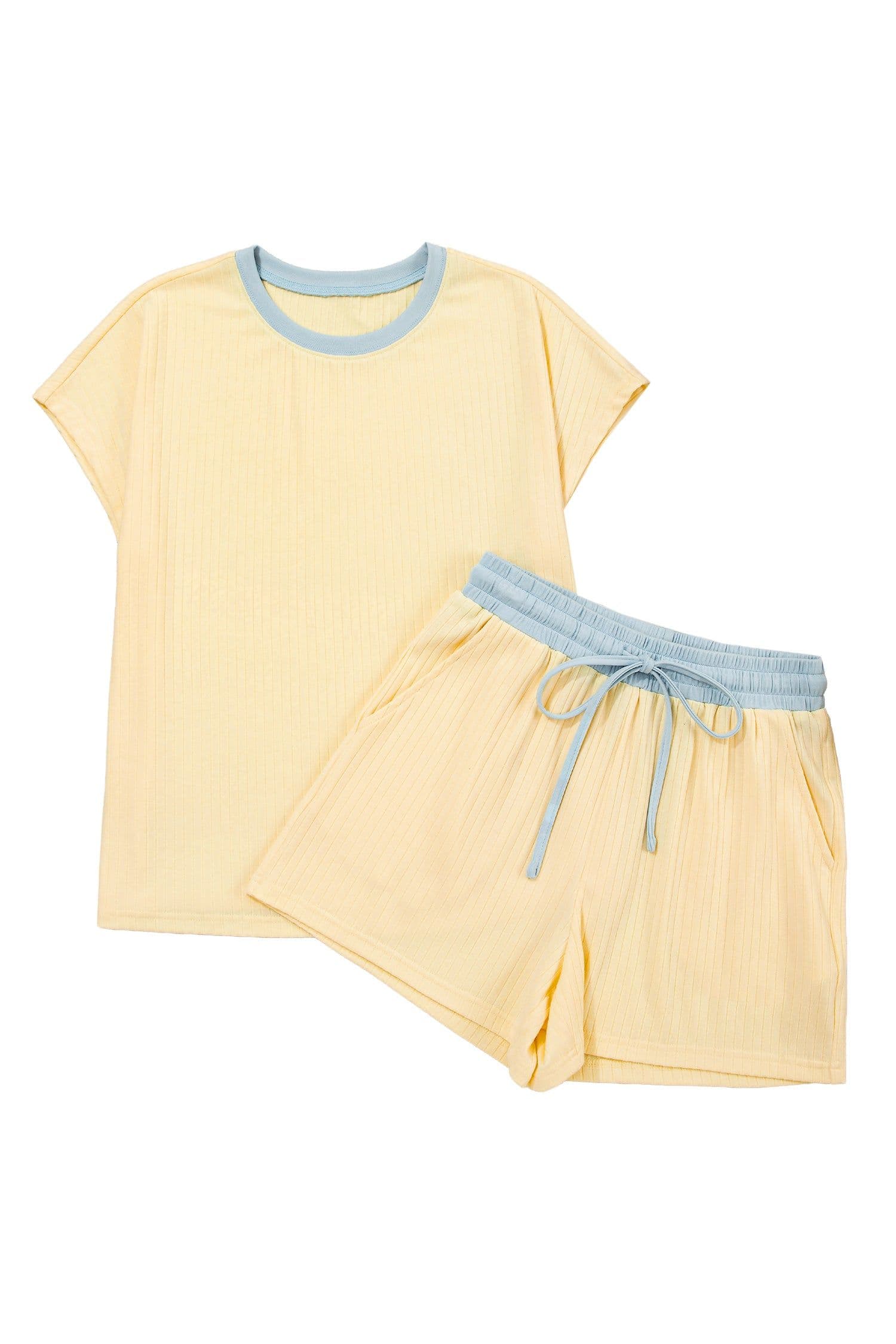image-Aqua Soft Ribbed Color Block Trim Casual Shorts Set